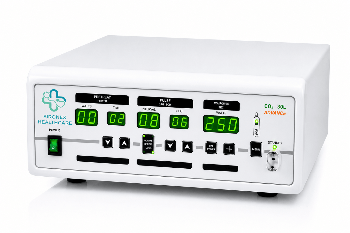 Sironex laparoscopic CO₂ insufflator machine 30 liter advanced system designed for precise gas delivery, controlled pressure regulation, and reliable pneumoperitoneum management during minimally invasive surgical procedures. Digital endoscopy equipment for hospitals, operating rooms, medical colleges, and professional laparoscopic applications.