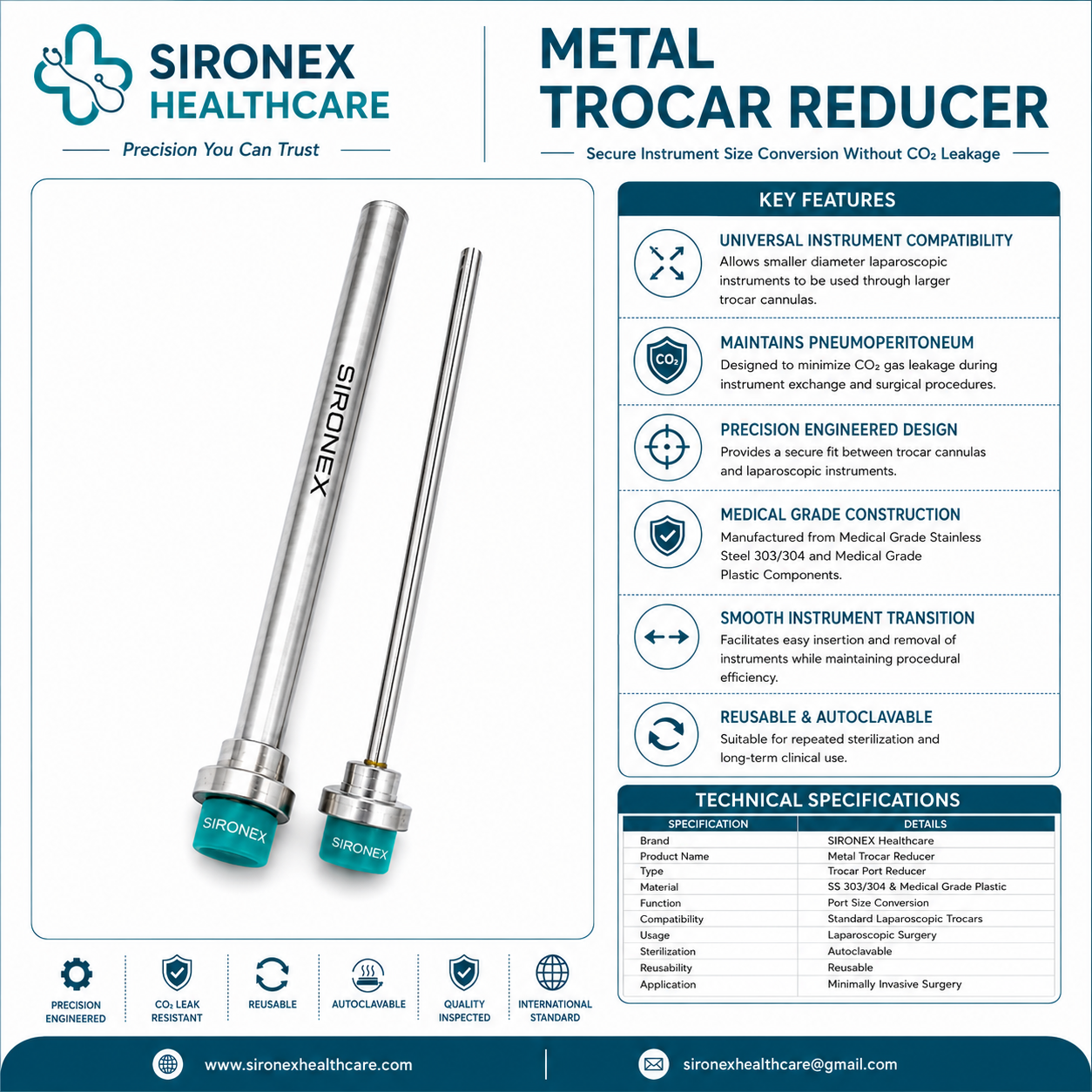 Sironex Laparoscopic Trocar Reducer 10mm to 5mm Reusable Surgical Instrument
