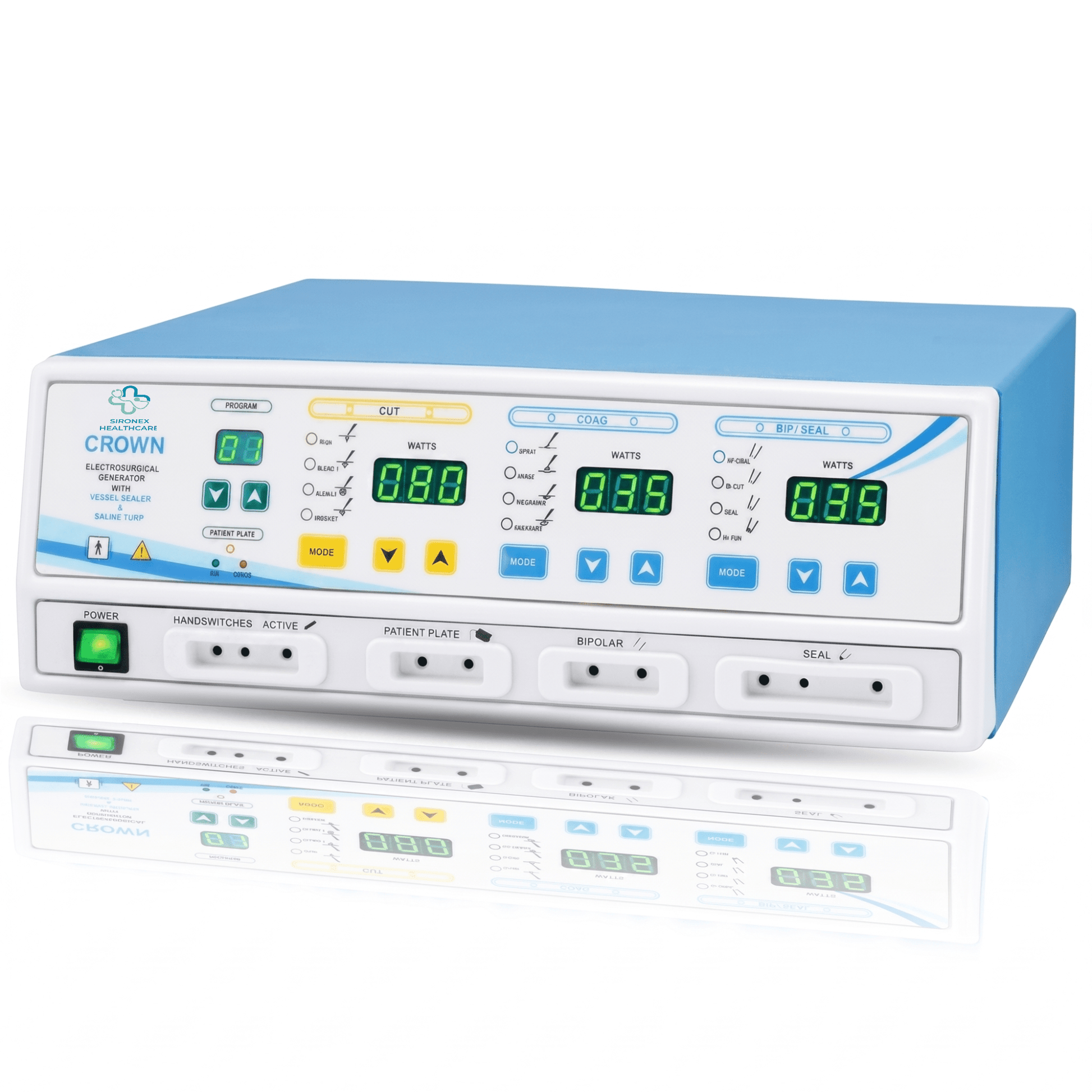 Sironex Crown 400W electrosurgical generator with vessel sealing and TURP saline technology designed for precision tissue fusion, bipolar urology procedures, coagulation, and advanced surgical cutting. Professional healthcare equipment for hospitals, operating rooms, surgical centers, medical colleges, and minimally invasive surgery applications.