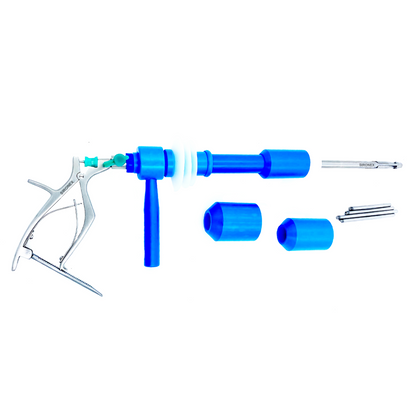 Sironex Healthcare Mangeshkar Type Uterine Manipulator for laparoscopic gynecological surgery featuring a trigger-style handle, elongated metal shaft, blue control assembly, and additional instrument components.