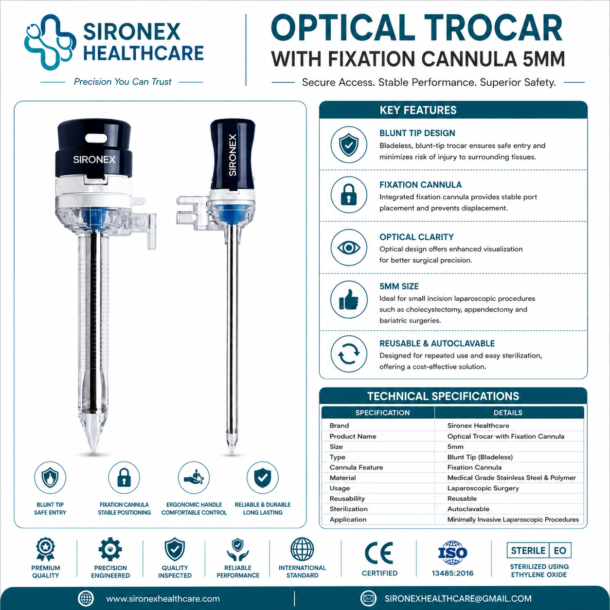 Sironex optical trocar with fixation cannula 5mm reusable laparoscopic access instrument designed for controlled abdominal entry, enhanced visualization, and stable port fixation during minimally invasive surgical procedures. Stainless steel autoclavable access system suitable for hospitals, surgical centers, and laparoscopic operating rooms.