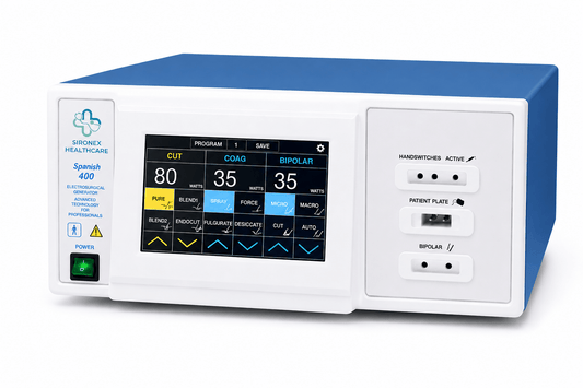 Sironex SPARSH 400 bipolar cautery electro surgical generator with 7 inch touchscreen display designed for precision cutting, coagulation, and advanced surgical energy applications. High-performance 400W electrosurgical unit with monopolar and bipolar functionality for hospitals, operating rooms, surgical centers, medical colleges, and professional healthcare facilities.