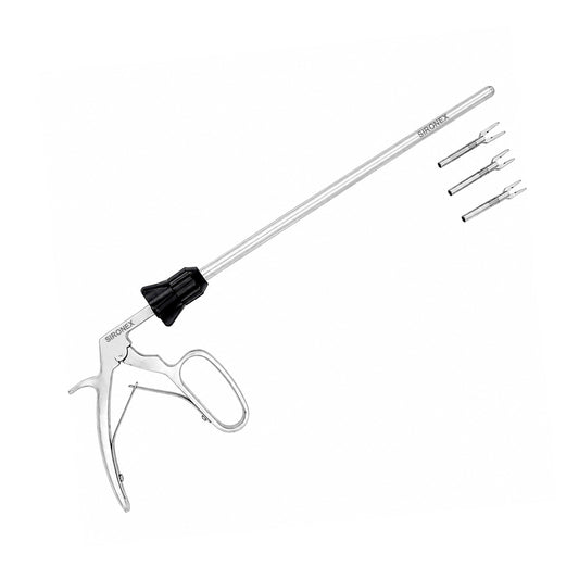 Sironex laparoscopic clip applicator 3 in 1 reusable surgical instrument with short jaw design compatible with LT200 LT300 and LT400 clips. Stainless steel autoclavable medical device designed for secure clip placement and precise handling during minimally invasive laparoscopic procedures.