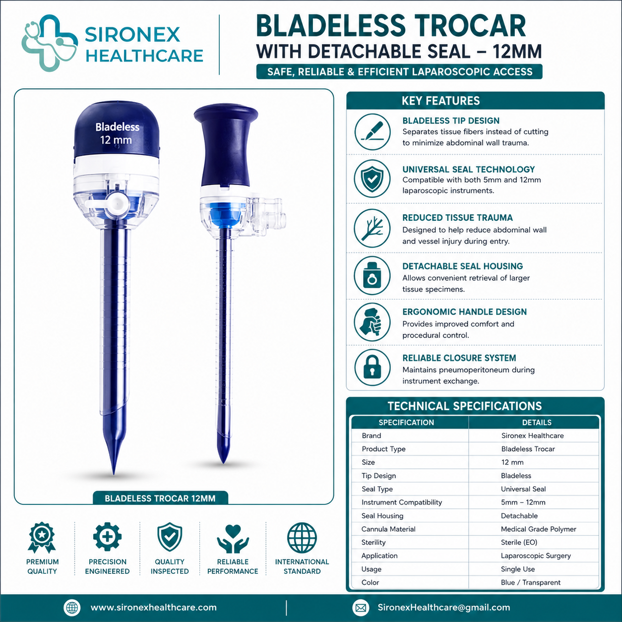 Sironex laparoscopic disposable optical bladeless trocar 12mm designed for safe abdominal access, optical entry visualization, and controlled trocar placement during minimally invasive surgical procedures. Sterile single-use access port system suitable for hospitals, surgical centers, and laparoscopic operating rooms.
