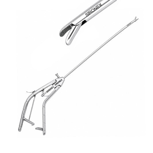 Sironex laparoscopic needle holder 5mm gun V type handle reusable surgical instrument designed for precise needle control, intracorporeal suturing, and laparoscopic knot tying. Stainless steel autoclavable medical device with ergonomic gun handle design for surgeons, hospitals, medical colleges, and laparoscopic training applications.
