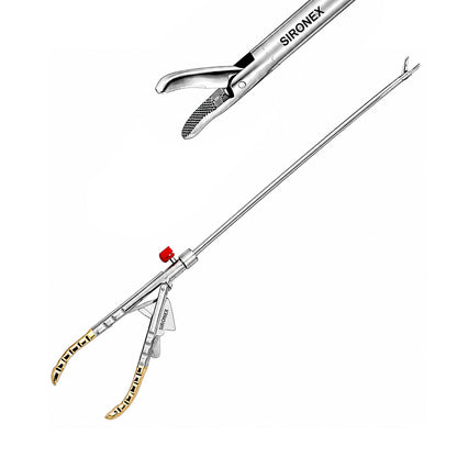 Sironex laparoscopic needle holder curved jaw golden handle 5mm reusable surgical instrument designed for precise needle control, intracorporeal suturing, and laparoscopic knot tying. Stainless steel autoclavable medical device with tungsten carbide insert jaws and curved tip design for surgeons, hospitals, medical colleges, and laparoscopic training applications.