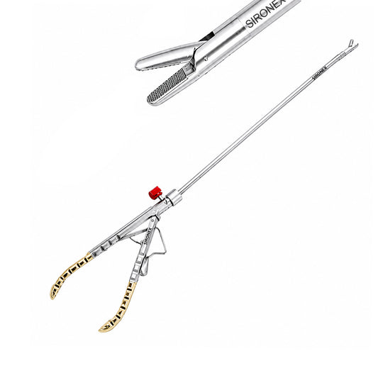 Sironex laparoscopic needle holder straight golden handle 5mm reusable surgical instrument designed for precise needle control, intracorporeal suturing, and laparoscopic knot tying. Stainless steel autoclavable medical device with tungsten carbide insert jaws and gold handle for surgeons, hospitals, medical colleges, and laparoscopic training applications.