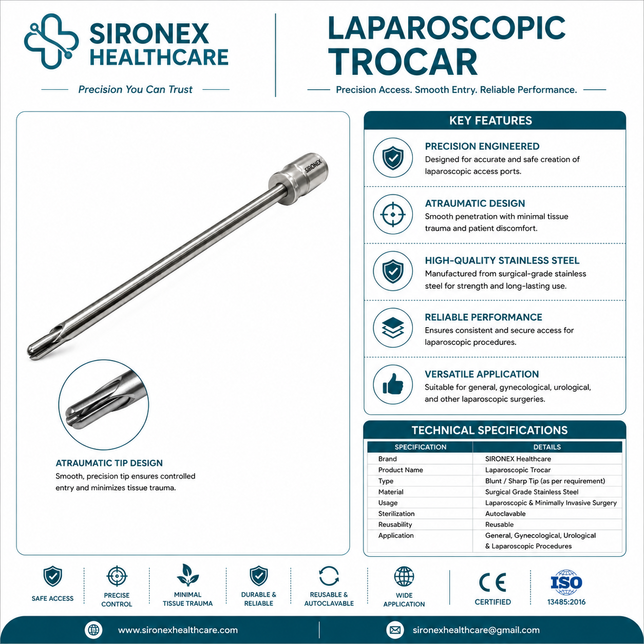 Sironex laparoscopic safety trocar 3 dhari blunt 5mm reusable surgical access system designed for controlled abdominal entry, reduced tissue trauma, and secure laparoscopic instrument access during minimally invasive surgical procedures. Stainless steel autoclavable trocar and cannula set for hospitals, surgical centers, and operating rooms.