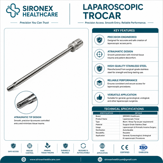 Sironex laparoscopic safety trocar 3 dhari blunt 5mm reusable surgical access system designed for controlled abdominal entry, reduced tissue trauma, and secure laparoscopic instrument access during minimally invasive surgical procedures. Stainless steel autoclavable trocar and cannula set for hospitals, surgical centers, and operating rooms.