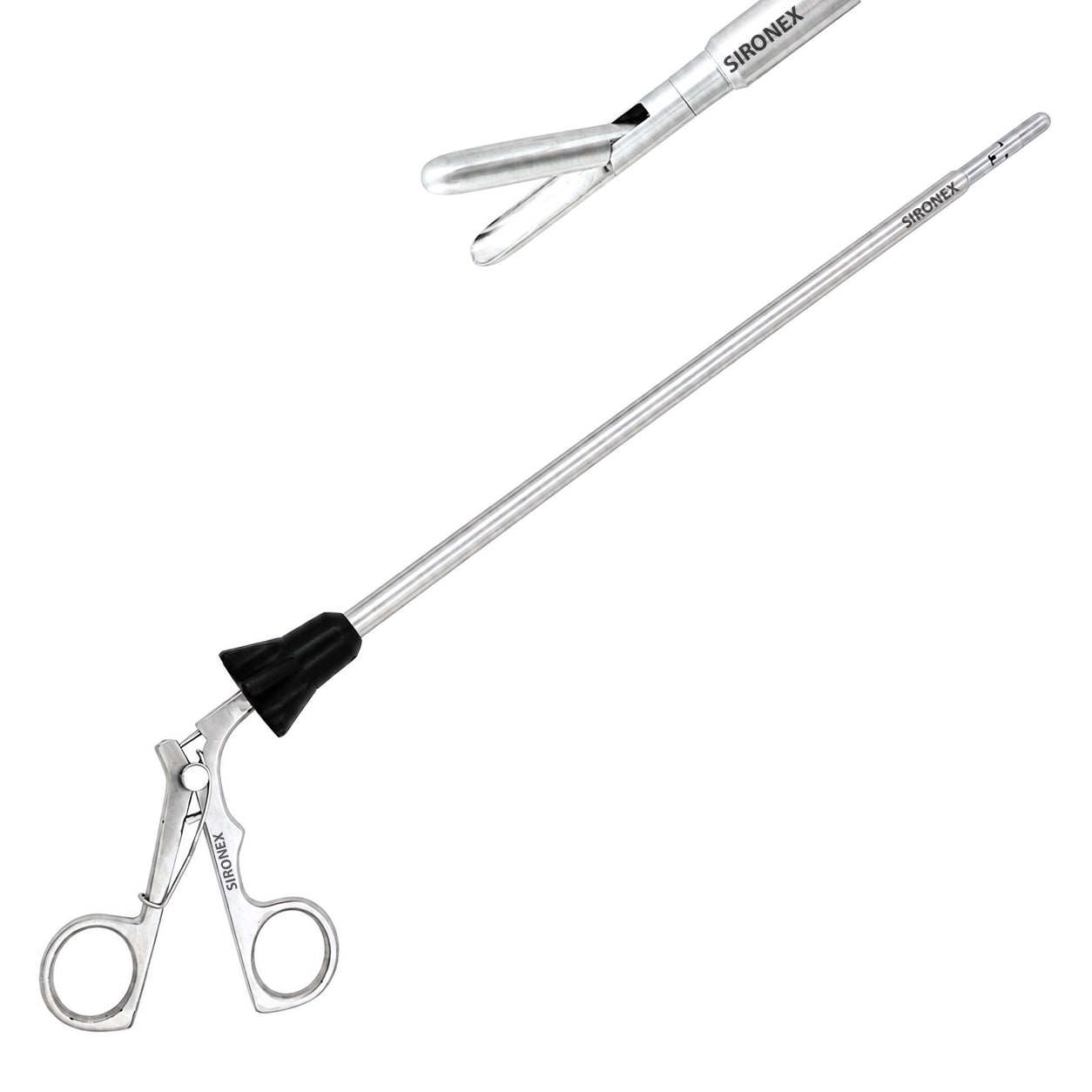 Sironex laparoscopic spoon forceps 5mm rotatable reusable surgical instrument designed for atraumatic tissue handling, specimen retrieval, and controlled manipulation during minimally invasive laparoscopic procedures. Stainless steel autoclavable medical device with 360-degree rotation and spoon-shaped jaw for surgeons, hospitals, medical colleges, and surgical training applications.