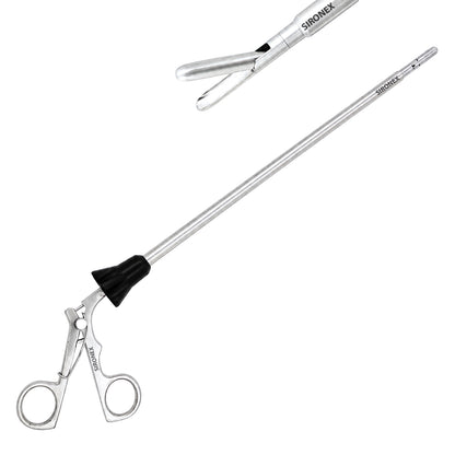 Sironex laparoscopic spoon forceps 5mm rotatable reusable surgical instrument designed for atraumatic tissue handling, specimen retrieval, and controlled manipulation during minimally invasive laparoscopic procedures. Stainless steel autoclavable medical device with 360-degree rotation and spoon-shaped jaw for surgeons, hospitals, medical colleges, and surgical training applications.