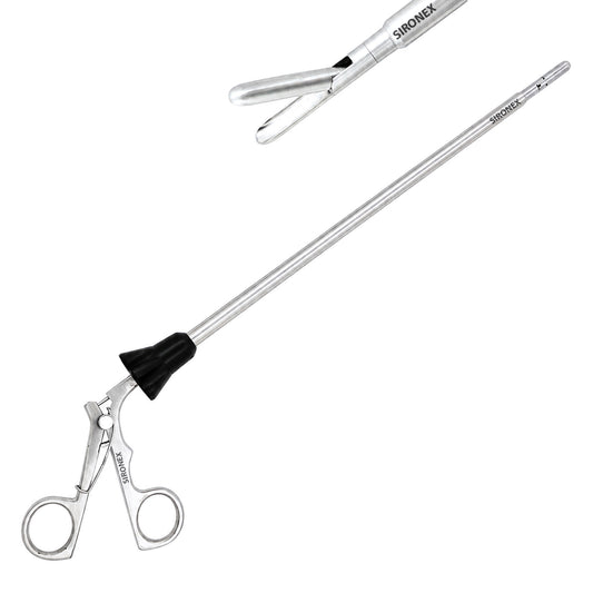 Sironex laparoscopic spoon forceps 5mm rotatable reusable surgical instrument designed for atraumatic tissue handling, specimen retrieval, and controlled manipulation during minimally invasive laparoscopic procedures. Stainless steel autoclavable medical device with 360-degree rotation and spoon-shaped jaw for surgeons, hospitals, medical colleges, and surgical training applications.