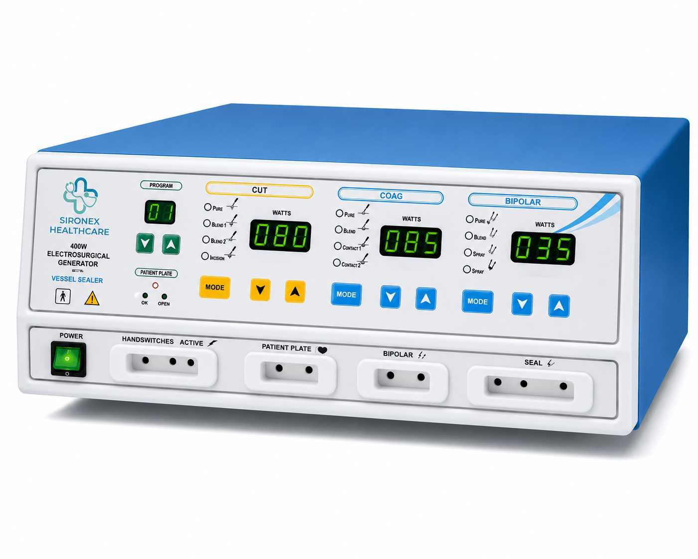 Sironex Monoseal Prime 400W vessel sealing system with advanced electrosurgical generator technology designed for precision tissue fusion, coagulation, and surgical cutting procedures. Professional healthcare equipment with bipolar and monopolar functionality for hospitals, operating rooms, surgical centers, medical colleges, and minimally invasive surgery applications.