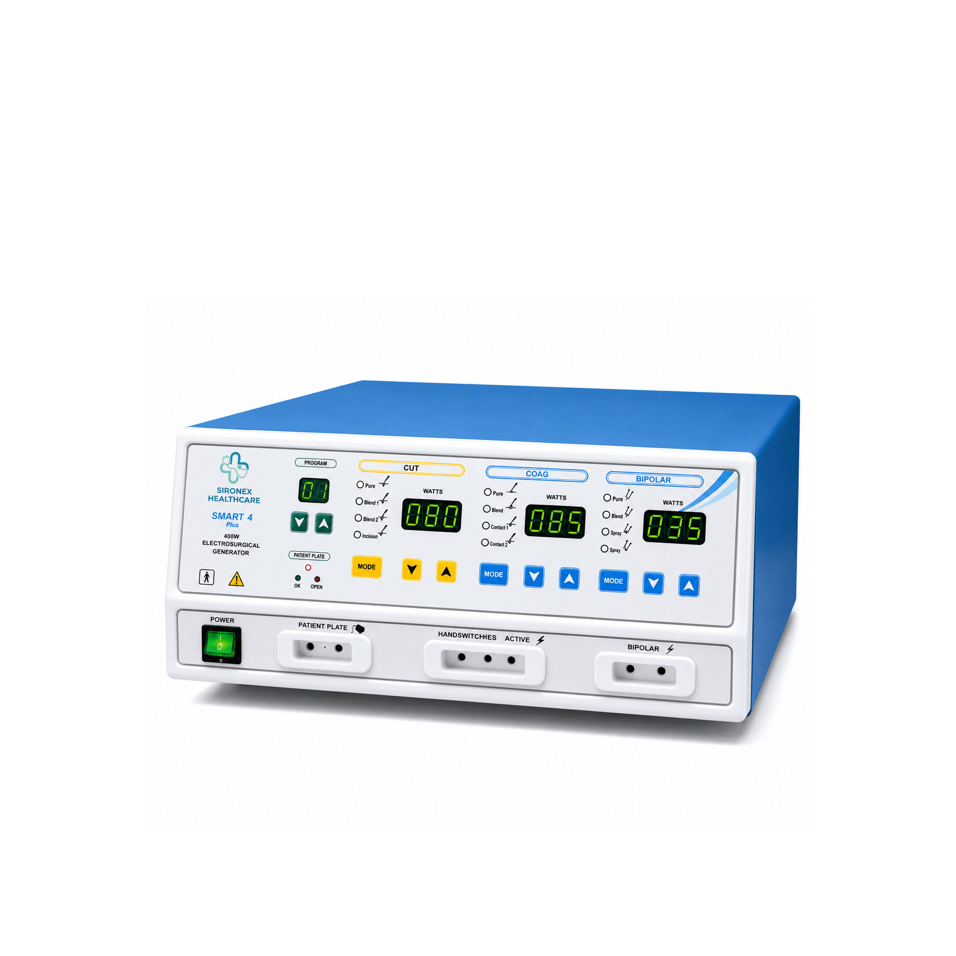 Sironex Smart 4 Plus 400W digital electrosurgical generator designed for precision cutting, tissue coagulation, bipolar procedures, and advanced surgical applications. High-performance cautery machine with intelligent control technology for hospitals, operating rooms, surgical centers, medical colleges, and professional healthcare facilities.