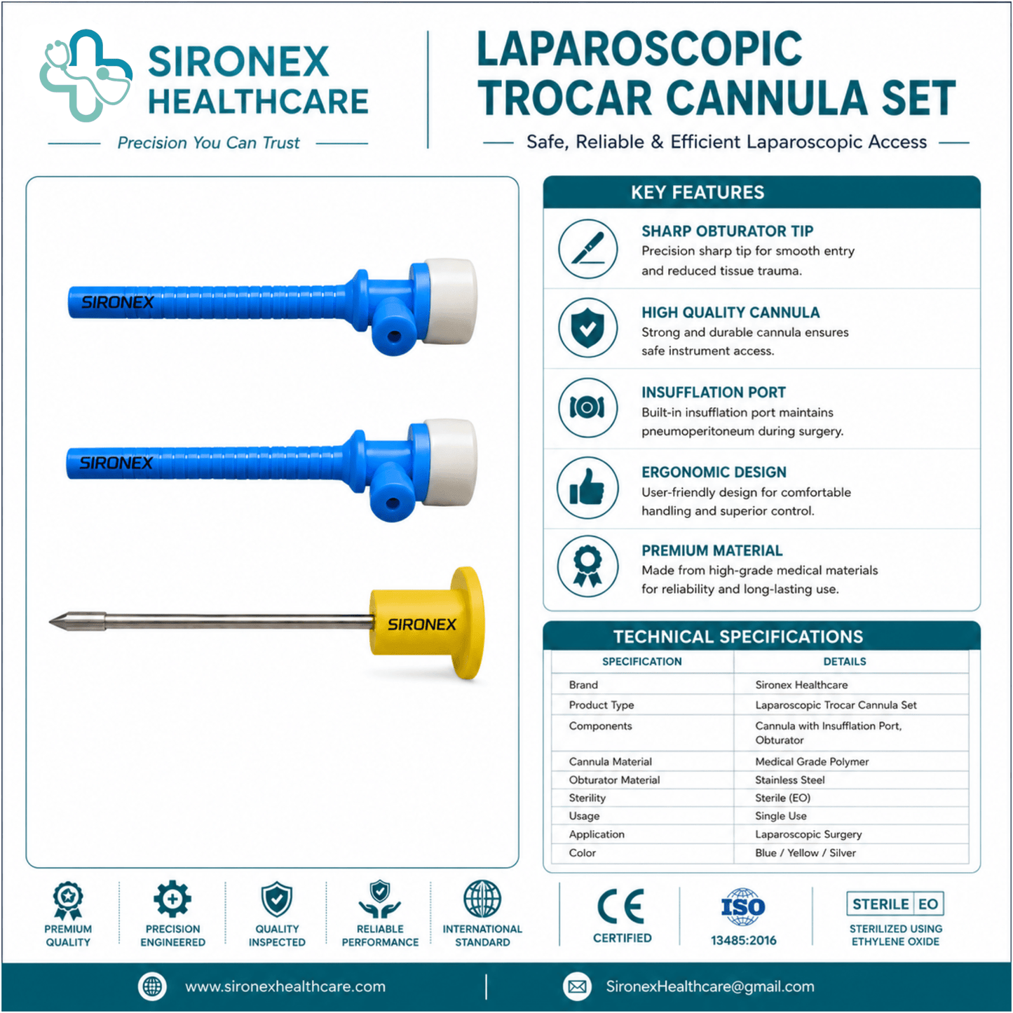 Sironex Apple Hunt laparoscopic disposable trocar cannula 5mm sterile surgical access device designed for safe abdominal entry, secure instrument access, and pneumoperitoneum maintenance during minimally invasive laparoscopic procedures in hospitals and surgical centers.
