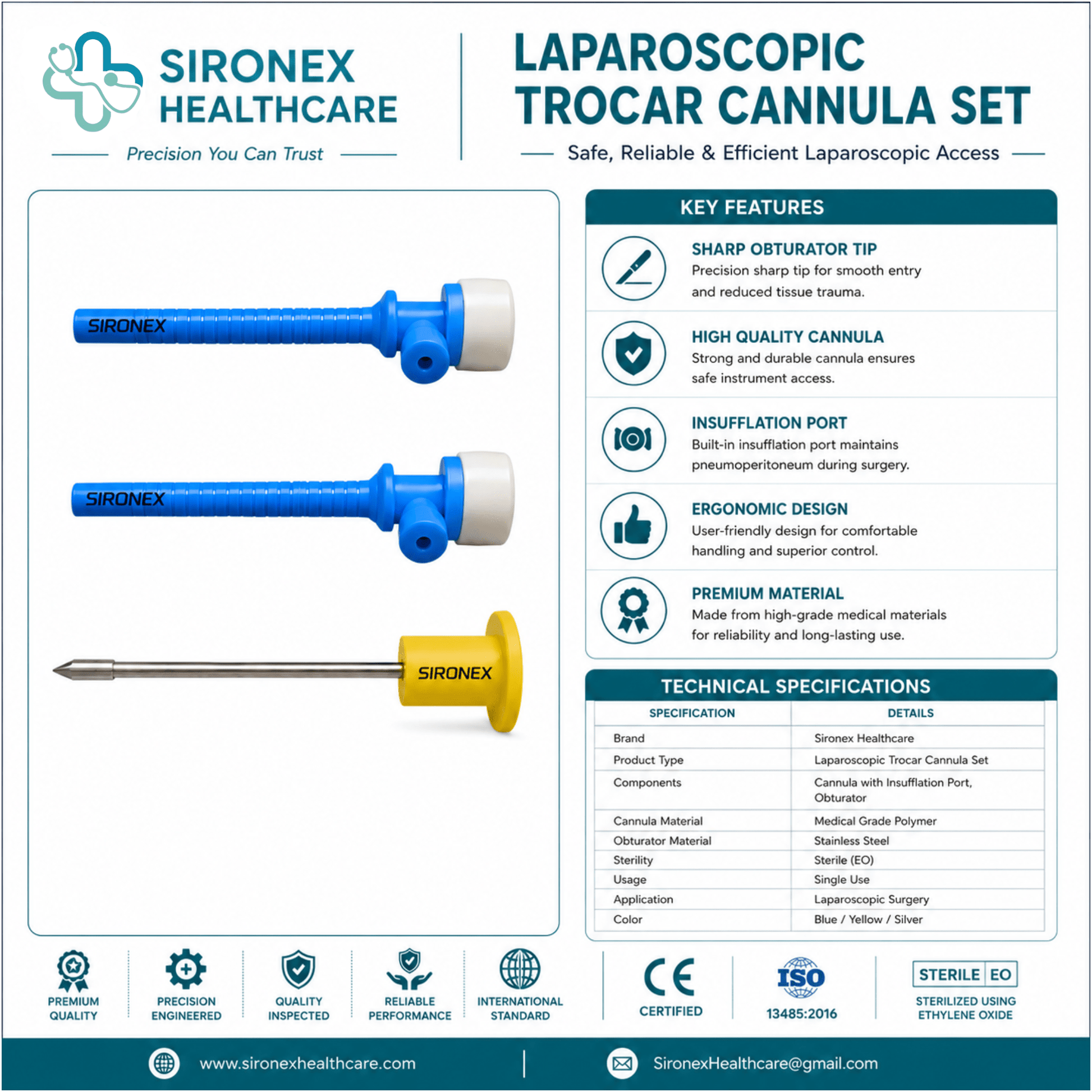 Sironex Apple Hunt laparoscopic disposable trocar cannula 5mm sterile surgical access device designed for safe abdominal entry, secure instrument access, and pneumoperitoneum maintenance during minimally invasive laparoscopic procedures in hospitals and surgical centers.