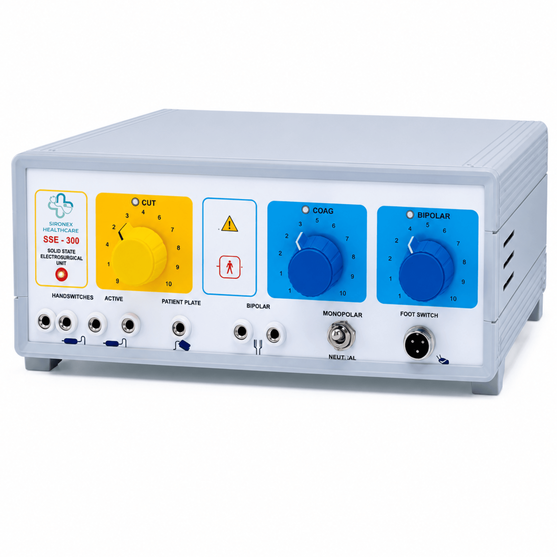 Sironex 300W analog monopolar bipolar cautery machine designed for precision tissue cutting, coagulation, and surgical procedures. Reliable electrosurgical generator with easy analog controls for hospitals, clinics, operating rooms, medical colleges, and professional healthcare applications.