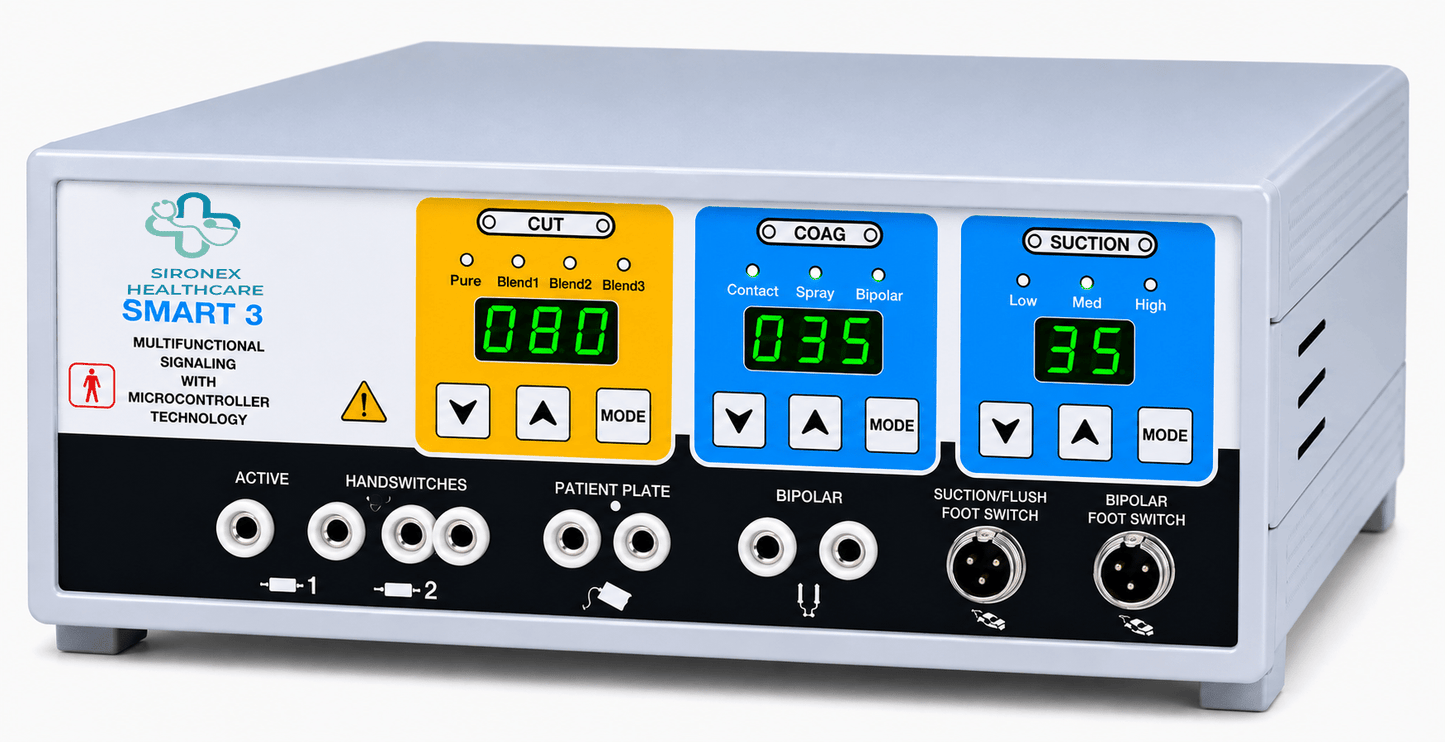 Sironex 300W digital electrosurgical generator electrocautery unit designed for precision tissue cutting, coagulation, desiccation, and advanced surgical procedures. High-frequency surgical energy system with monopolar and bipolar functionality for hospitals, operating rooms, clinics, medical colleges, and professional healthcare applications.