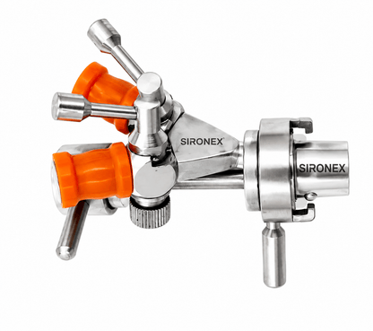 Sironex double channel cystoscope bridge reusable urology endoscopy instrument designed for dual instrument access during cystoscopy procedures. Stainless steel autoclavable cystoscope bridge compatible with standard cystoscope systems for hospitals, urology clinics, surgical centers, medical colleges, and endoscopic surgery applications.