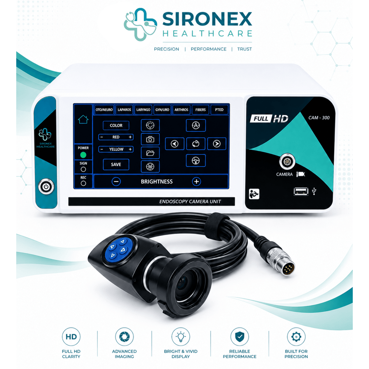 Sironex Healthcare Endoscopy Camera Unit CAM-300, featuring a white and teal control panel with a digital screen, a black and teal endoscope camera probe, and a black cable, displayed on a clean white background with brand and feature icons.