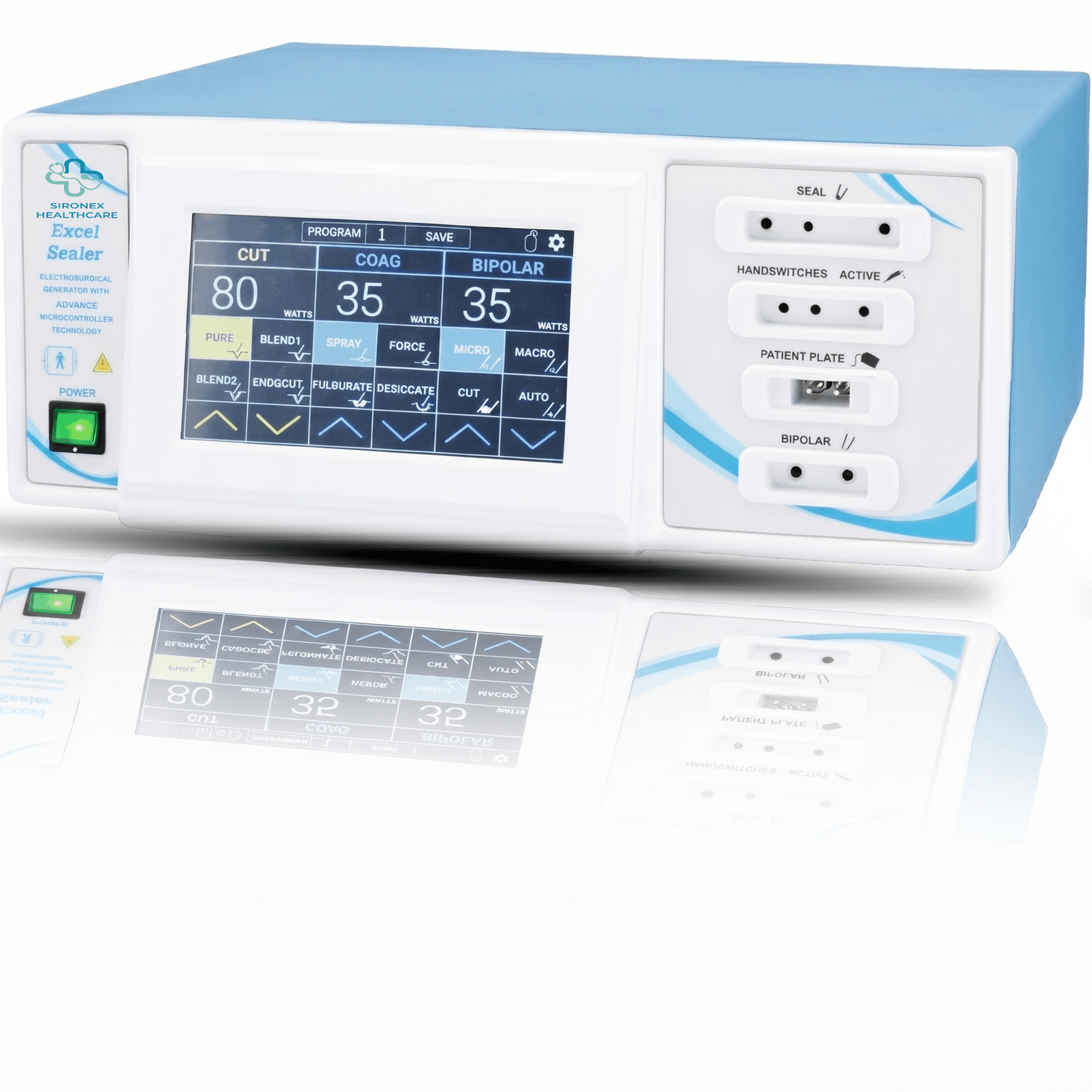 Sironex Excel-Sealer 400W digital touchscreen cautery machine with vessel sealing system designed for precision tissue fusion, coagulation, and surgical cutting procedures. Advanced electrosurgical generator with intelligent energy control for hospitals, operating rooms, surgical centers, medical colleges, and minimally invasive surgery applications.