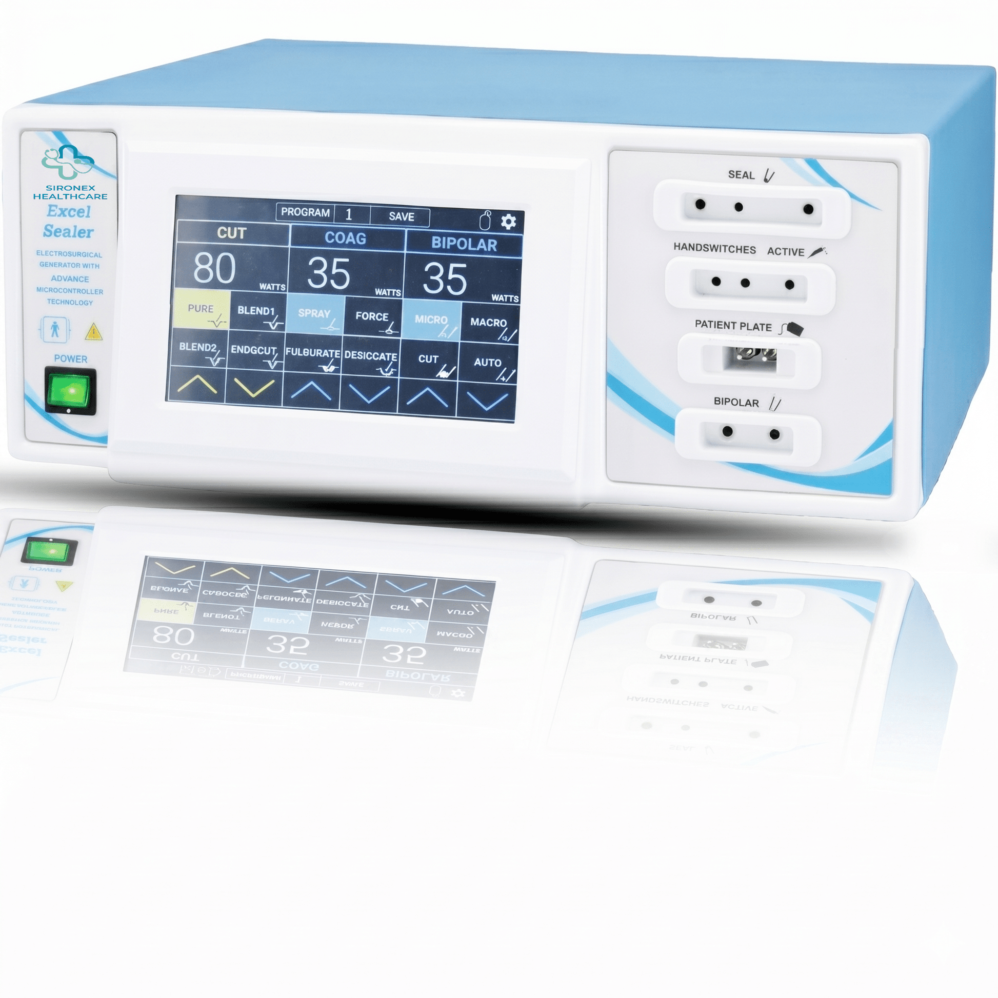 Sironex Excel-Sealer 400W digital touchscreen cautery machine with vessel sealing system designed for precision tissue fusion, coagulation, and surgical cutting procedures. Advanced electrosurgical generator with intelligent energy control for hospitals, operating rooms, surgical centers, medical colleges, and minimally invasive surgery applications.