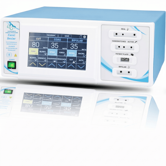 Sironex Excel-Sealer 400W digital touchscreen cautery machine with vessel sealing system designed for precision tissue fusion, coagulation, and surgical cutting procedures. Advanced electrosurgical generator with intelligent energy control for hospitals, operating rooms, surgical centers, medical colleges, and minimally invasive surgery applications.