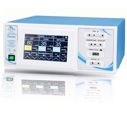 Sironex Fusion 400W digital touchscreen cautery machine with vessel sealing system and normal saline bipolar TURP technology designed for tissue fusion, prostate resection, coagulation, and advanced surgical procedures. Professional electrosurgical generator for hospitals, urology centers, operating rooms, medical colleges, and minimally invasive surgery applications.