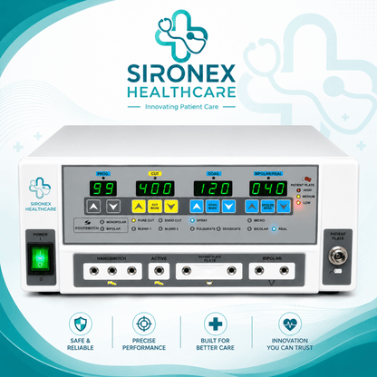 Main Product Image
SIRONEX G Combo Plus 400W Electrosurgical Unit and Vessel Sealer
Front Product Image
SIRONEX G Combo Plus 400W Monopolar Bipolar Vessel Sealing System
Control Panel
SIRONEX G Combo Plus Electrosurgical Unit Control Panel
Technical Specification Image
SIRONEX G Combo Plus 400W Electrosurgical and Vessel Sealer Specifications
Monopolar Modes Image
SIRONEX G Combo Plus Monopolar Cutting and Coagulation Modes
Bipolar Modes Image
SIRONEX G Combo Plus Bipolar Cutting and Coagulation Modes
Vesse