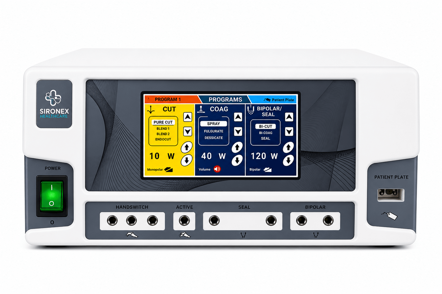 SIRONEX G Touch Combo+ advanced 400W digital touchscreen electrosurgical cautery machine with vessel sealing system and Normal Saline Bipolar TURP technology for precision cutting, coagulation, laparoscopic surgery, general surgery, gynecology, urology, ENT, and plastic surgery. High-frequency ESU with intelligent microprocessor control, touchscreen display, and advanced patient safety features for hospitals and operation theatres.