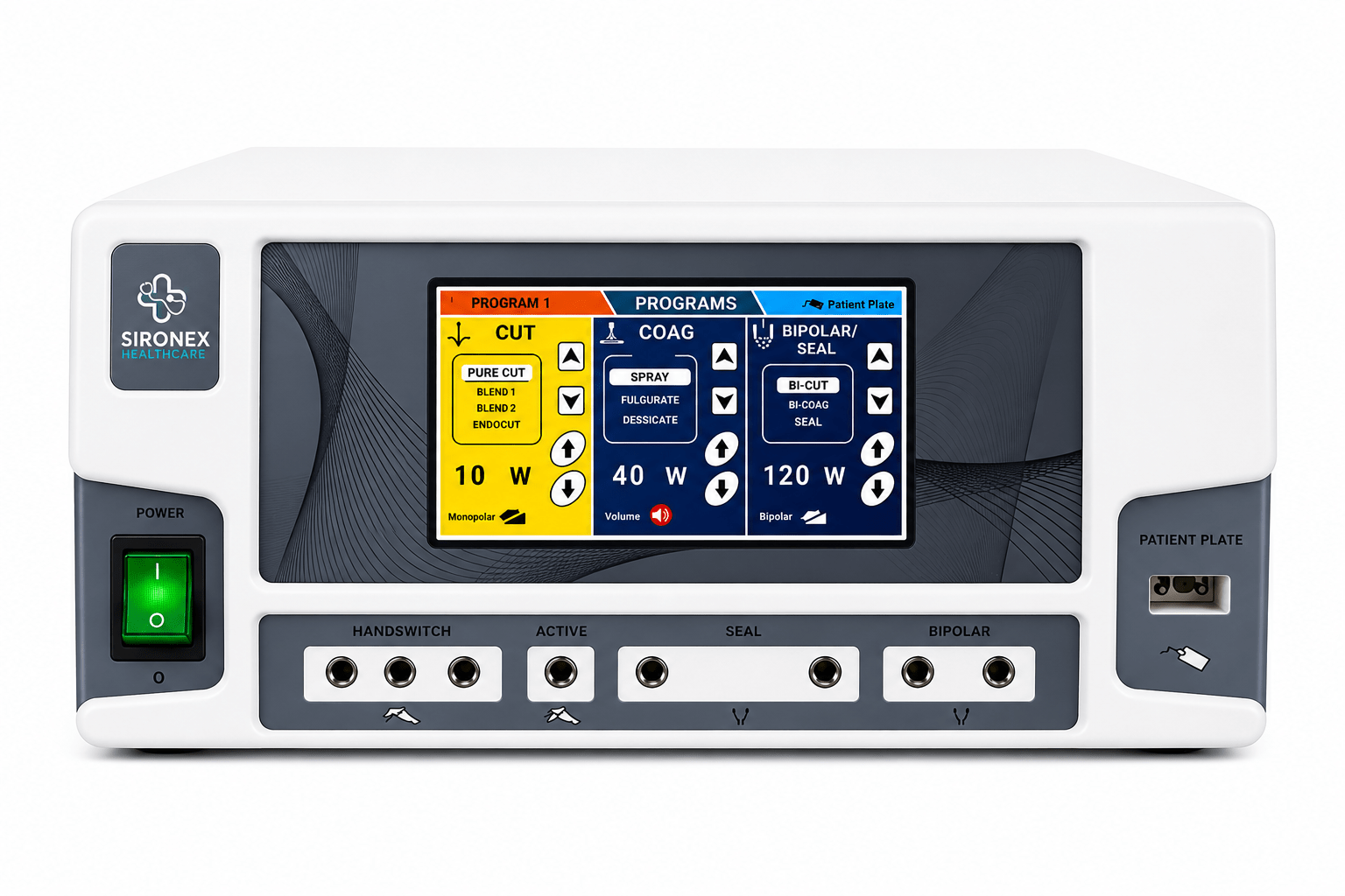 SIRONEX G Touch Combo+ advanced 400W digital touchscreen electrosurgical cautery machine with vessel sealing system and Normal Saline Bipolar TURP technology for precision cutting, coagulation, laparoscopic surgery, general surgery, gynecology, urology, ENT, and plastic surgery. High-frequency ESU with intelligent microprocessor control, touchscreen display, and advanced patient safety features for hospitals and operation theatres.