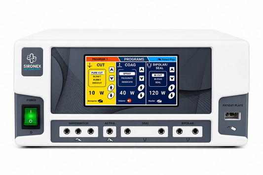 SIRONEX G Touch Combo+ advanced 400W digital touchscreen electrosurgical cautery machine with vessel sealing system and Normal Saline Bipolar TURP technology for precision cutting, coagulation, laparoscopic surgery, general surgery, gynecology, urology, ENT, and plastic surgery. High-frequency ESU with intelligent microprocessor control, touchscreen display, and advanced patient safety features for hospitals and operation theatres.