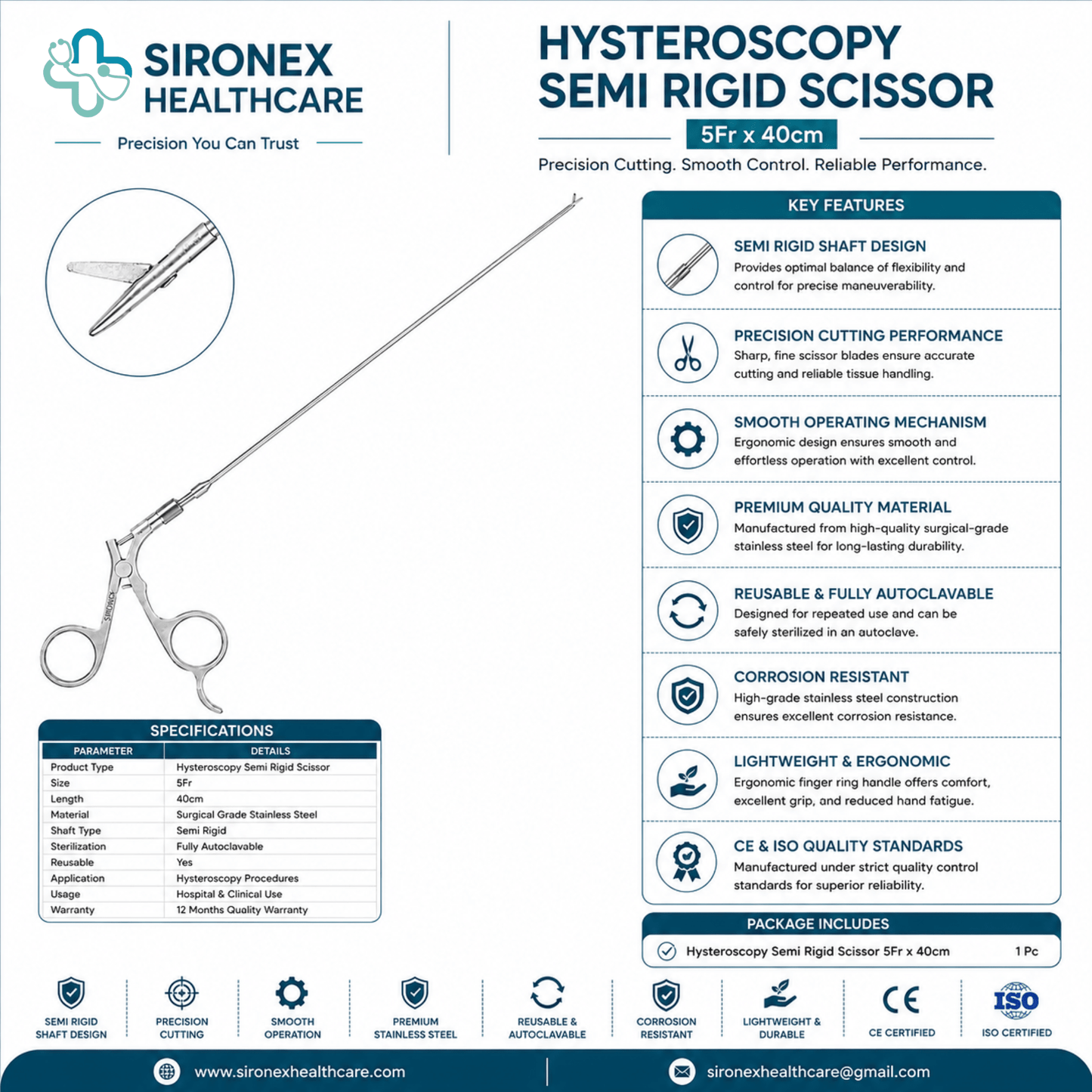 Sironex hysteroscopy semi rigid scissor 5Fr reusable endoscopic surgical instrument designed for precision tissue cutting and dissection during operative hysteroscopy and minimally invasive gynecological procedures. Stainless steel autoclavable instrument for hospitals, gynecology departments, urology centers, medical colleges, and endoscopic surgery applications.