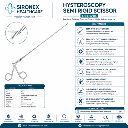 Sironex hysteroscopy semi rigid scissor 5Fr reusable endoscopic surgical instrument designed for precision tissue cutting and dissection during operative hysteroscopy and minimally invasive gynecological procedures. Stainless steel autoclavable instrument for hospitals, gynecology departments, urology centers, medical colleges, and endoscopic surgery applications.
