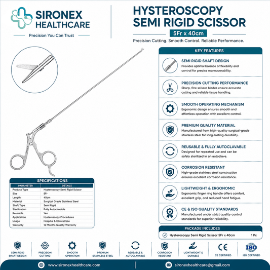 Sironex hysteroscopy semi rigid scissor 5Fr reusable endoscopic surgical instrument designed for precision tissue cutting and dissection during operative hysteroscopy and minimally invasive gynecological procedures. Stainless steel autoclavable instrument for hospitals, gynecology departments, urology centers, medical colleges, and endoscopic surgery applications.