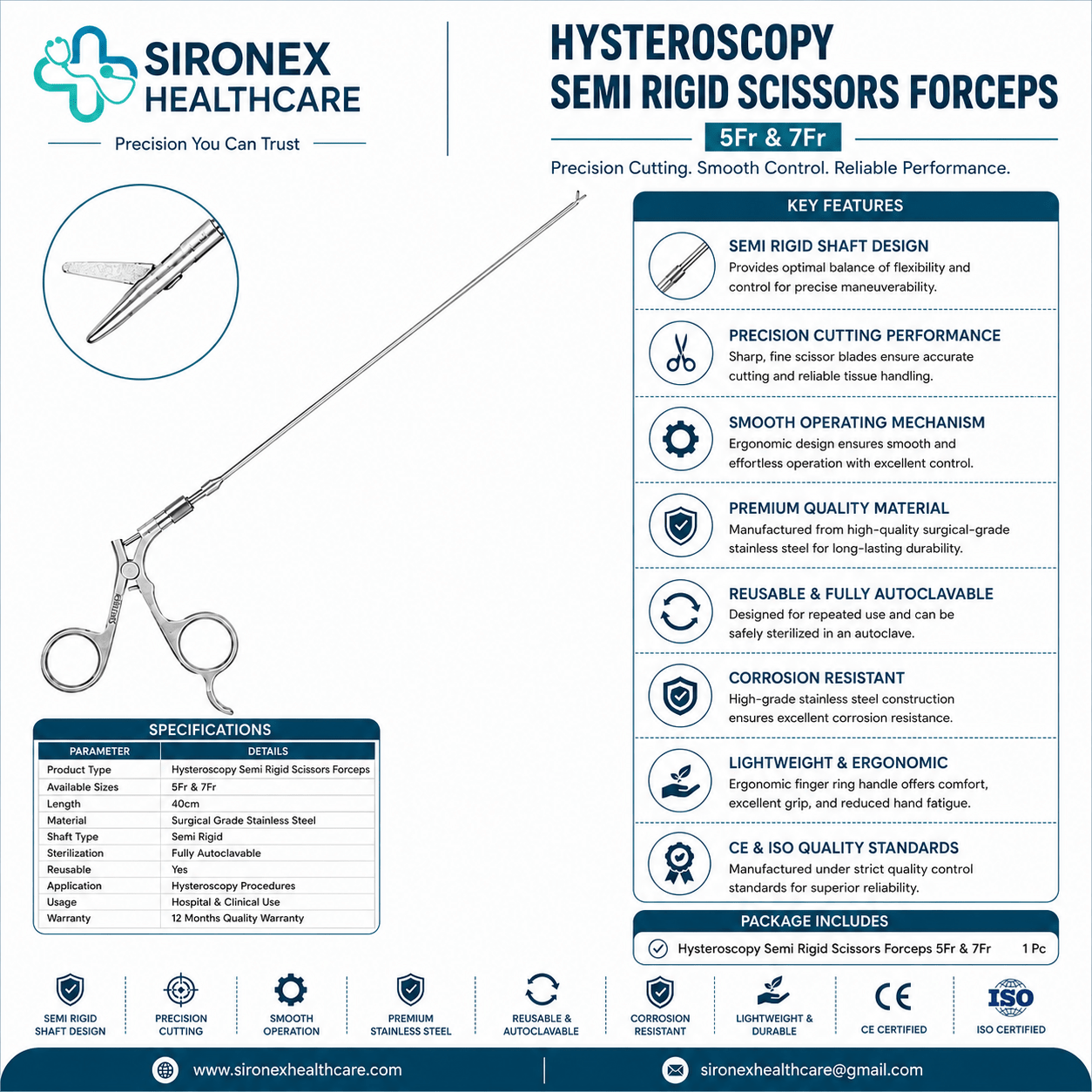 Sironex hysteroscopy semi rigid scissors 5Fr URS forceps reusable endoscopic surgical instrument designed for precision tissue cutting, dissection, and manipulation during hysteroscopy, ureteroscopy, and minimally invasive gynecological and urological procedures. Stainless steel autoclavable instrument for hospitals, urology centers, gynecology departments, medical colleges, and endoscopic surgery applications.