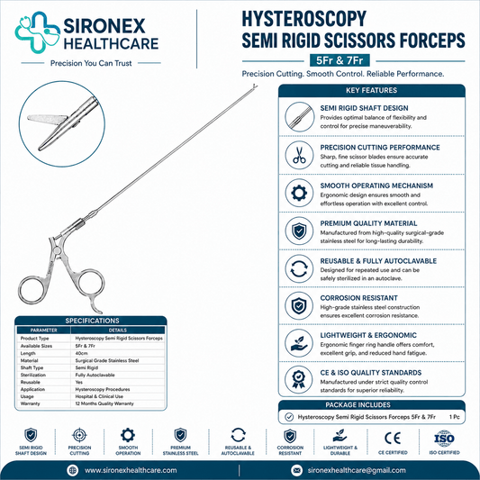 Sironex hysteroscopy semi rigid scissors 5Fr URS forceps reusable endoscopic surgical instrument designed for precision tissue cutting, dissection, and manipulation during hysteroscopy, ureteroscopy, and minimally invasive gynecological and urological procedures. Stainless steel autoclavable instrument for hospitals, urology centers, gynecology departments, medical colleges, and endoscopic surgery applications.