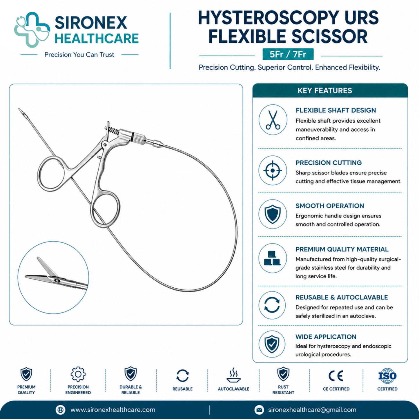 Sironex hysteroscopy URS flexible scissor 5Fr reusable urology endoscopy surgical instrument designed for precision tissue cutting and dissection during hysteroscopy and ureteroscopy procedures. Stainless steel autoclavable flexible scissor for hospitals, urology centers, gynecology departments, medical colleges, and endoscopic surgery applications.