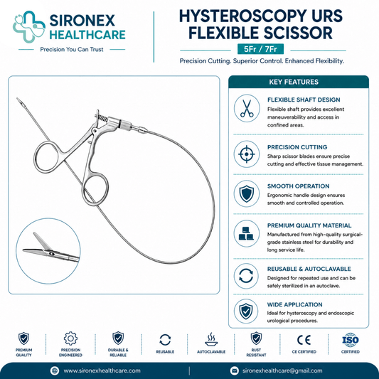 Sironex hysteroscopy URS flexible scissor 5Fr reusable urology endoscopy surgical instrument designed for precision tissue cutting and dissection during hysteroscopy and ureteroscopy procedures. Stainless steel autoclavable flexible scissor for hospitals, urology centers, gynecology departments, medical colleges, and endoscopic surgery applications.