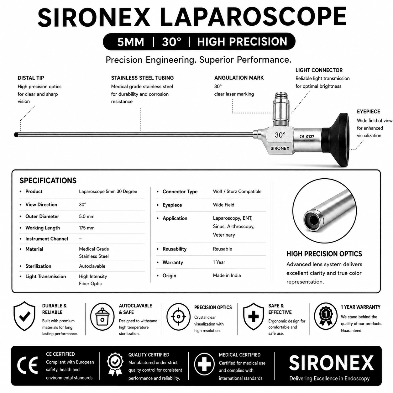 Laparoscope 5mm 30 Degree Rigid Reusable HD Telescope