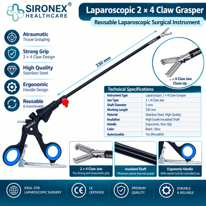Main Product Image
SIRONEX Laparoscopic 2x4 Claw Grasper 5mm Reusable Surgical Forceps
Product Detail
SIRONEX 5mm Laparoscopic 2x4 Claw Grasper with Ergonomic Ring Handle
Jaw Close-Up
SIRONEX Laparoscopic 2x4 Claw Grasper Surgical Jaw Close Up
Full Instrument
SIRONEX 5mm 330mm Laparoscopic Claw Grasper Surgical Instrument
Handle Detail
SIRONEX Laparoscopic Grasper Ergonomic Ring Handle