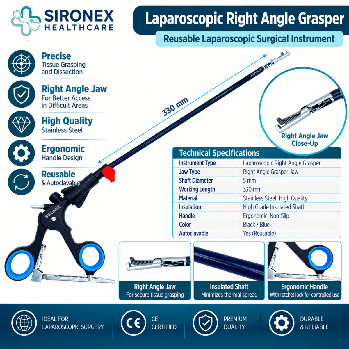 Main Product Image
SIRONEX Laparoscopic 90 Degree Grasper 5mm Reusable Surgical Forceps
Full Instrument
SIRONEX 5mm 330mm Laparoscopic 90 Degree Grasper Surgical Instrument
Jaw Close-Up
SIRONEX 90 Degree Laparoscopic Grasper Angled Jaw Close Up
Handle Detail
SIRONEX Laparoscopic 90 Degree Grasper Ergonomic Ring Handle
Product Detail
SIRONEX 5mm Laparoscopic Angled Grasper with 90 Degree Jaw