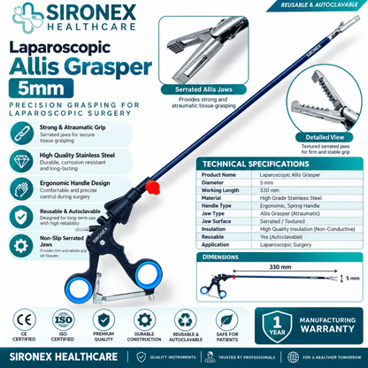 Main Product Image
SIRONEX Laparoscopic Allis Grasper 5mm Reusable Surgical Forceps
Full Instrument
SIRONEX 5mm 330mm Laparoscopic Allis Grasper Surgical Instrument
Jaw Close-Up
SIRONEX Laparoscopic Allis Grasper Surgical Jaw Close Up
Handle Detail
SIRONEX Laparoscopic Allis Grasper Ergonomic Ring Handle
Product Detail
SIRONEX 5mm Laparoscopic Allis Forceps with Specialized Grasping Jaw