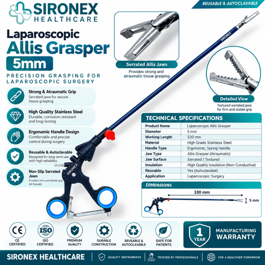 Main Product Image
SIRONEX Laparoscopic Allis Grasper 5mm Reusable Surgical Forceps
Full Instrument
SIRONEX 5mm 330mm Laparoscopic Allis Grasper Surgical Instrument
Jaw Close-Up
SIRONEX Laparoscopic Allis Grasper Surgical Jaw Close Up
Handle Detail
SIRONEX Laparoscopic Allis Grasper Ergonomic Ring Handle
Product Detail
SIRONEX 5mm Laparoscopic Allis Forceps with Specialized Grasping Jaw