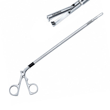 Sironex laparoscopic claw forceps 5mm reusable surgical instrument designed for secure tissue grasping, specimen retrieval, and controlled manipulation during minimally invasive procedures. Stainless steel autoclavable medical device with ergonomic handle and claw jaw design for surgeons, hospitals, medical colleges, and laparoscopic training applications.