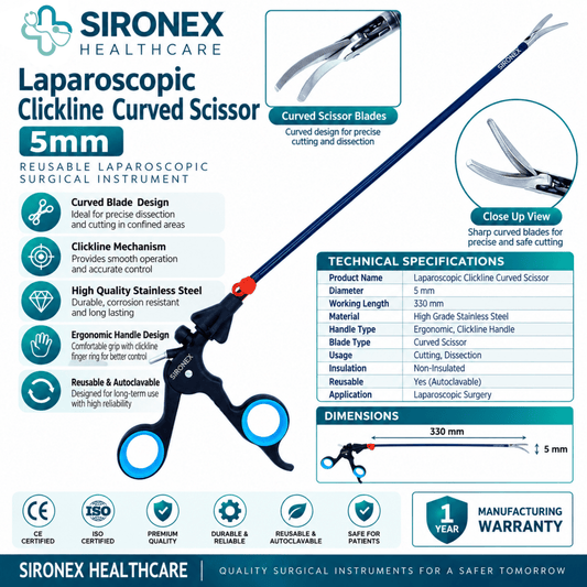 Main Product Image
SIRONEX Laparoscopic Clickline Curved Scissors 5mm Reusable Surgical Instrument
Full Instrument
SIRONEX 5mm 330mm Laparoscopic Clickline Curved Scissors
Blade Close-Up
SIRONEX Laparoscopic Clickline Curved Scissor Blade Close Up
Handle Detail
SIRONEX Laparoscopic Clickline Curved Scissors Ergonomic Handle
Product Detail
SIRONEX 5mm Reusable Laparoscopic Curved Surgical Scissors