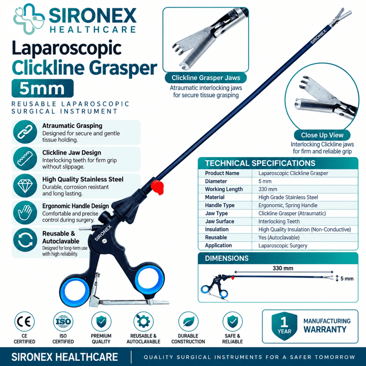 Main Product Image
SIRONEX Laparoscopic Clickline Grasper 5mm Reusable Surgical Forceps
Full Instrument
SIRONEX 5mm 330mm Laparoscopic Clickline Grasper Surgical Instrument
Jaw Close-Up
SIRONEX Laparoscopic Clickline Grasper Surgical Jaw Close Up
Handle Detail
SIRONEX Laparoscopic Clickline Grasper Ergonomic Ring Handle
Product Detail
SIRONEX 5mm Reusable Laparoscopic Clickline Tissue Grasper