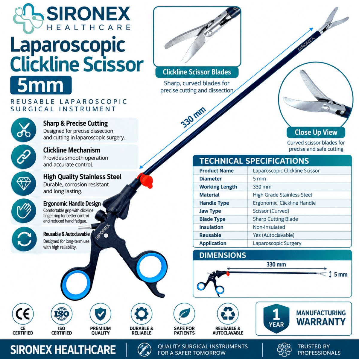 Main Product Image
SIRONEX Laparoscopic Clickline Scissors 5mm Reusable Surgical Instrument
Full Instrument
SIRONEX 5mm 330mm Laparoscopic Clickline Surgical Scissors
Blade Close-Up
SIRONEX Laparoscopic Clickline Scissor Blade Close Up
Handle Detail
SIRONEX Laparoscopic Clickline Scissors Ergonomic Handle
Product Detail
SIRONEX 5mm Reusable Laparoscopic Clickline Surgical Scissors