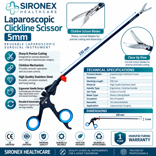 Main Product Image
SIRONEX Laparoscopic Clickline Scissors 5mm Reusable Surgical Instrument
Full Instrument
SIRONEX 5mm 330mm Laparoscopic Clickline Surgical Scissors
Blade Close-Up
SIRONEX Laparoscopic Clickline Scissor Blade Close Up
Handle Detail
SIRONEX Laparoscopic Clickline Scissors Ergonomic Handle
Product Detail
SIRONEX 5mm Reusable Laparoscopic Clickline Surgical Scissors