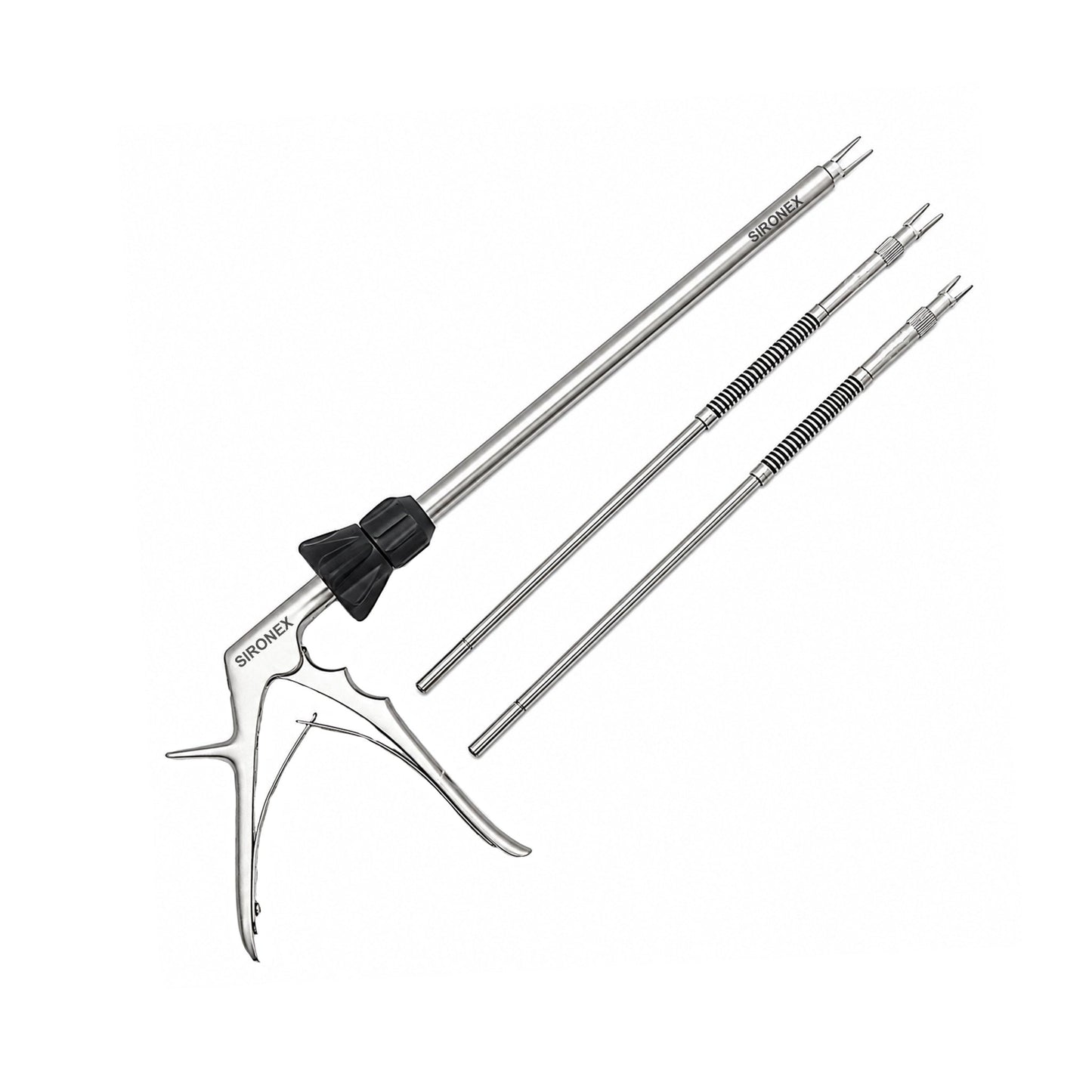 Sironex laparoscopic clip applicator 3 in 1 long jaw reusable surgical instrument compatible with LT200 LT300 and LT400 clips. Stainless steel autoclavable medical device designed for precise ligating clip application and secure vessel ligation during minimally invasive laparoscopic procedures.